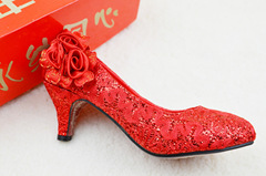 厂家直销民族风中国风圆头花朵小矮跟婚鞋新娘鞋结婚鞋红鞋