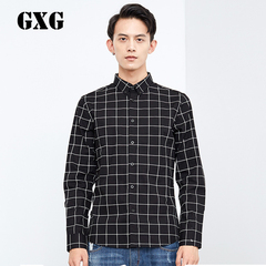 GXG男装衬衣 冬季 男士修身长袖衬衫 黑色格子休闲衬衫64803519