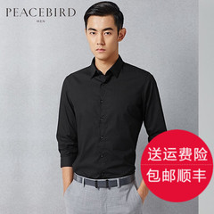 太平鸟男装七分袖衬衫 韩修身后背印花黑色中袖衬衫 B2CB52612