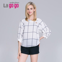 Lagogo/拉谷谷2015夏季新款淑女舒适修身格子衬衫上衣 EBA624G967