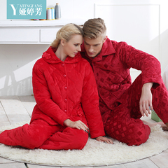 冬季情侣睡衣三层加厚珊瑚绒夹棉男女士冬天红色法兰绒家居服套装