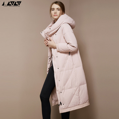 J.COCO16冬季新款 超长加厚宽松茧型粉色羽绒服女 过膝连帽