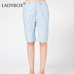 ladybox2016春装新款文艺休闲宽松纯色百搭亚麻中裤五分裤女