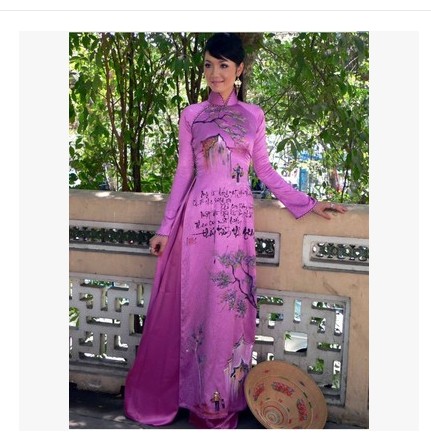 定制仿真丝缎子面料手绘 越南奥黛女 民族演出服装茶艺服