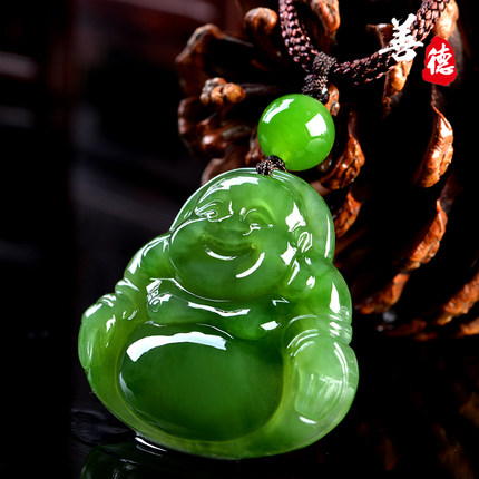 善德碧玉佛公吊坠和田玉吊坠女款天然玉石弥勒笑佛玉佛项坠带证书