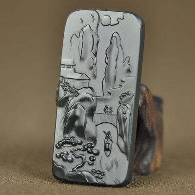 国家级玉雕大师张保国作品 和田玉墨玉籽料 山水挂牌 37.41克