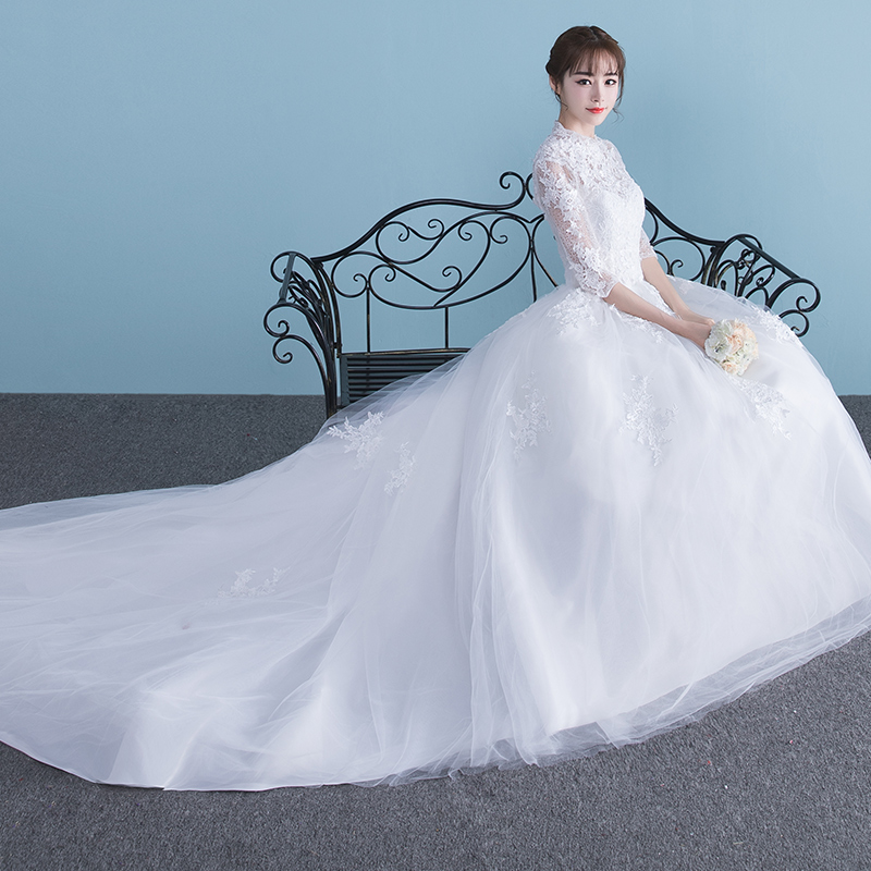 婚纱礼服长拖尾新娘2019新款宫廷立领孕妇简约一字肩齐地冬季长袖|ruв категории Женская одежда, Cвадебные платья, свадебное платье - от Buy2taobao.com для оказания профессиональной услуги покупки агента Taobao