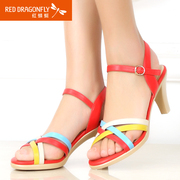 Red Dragonfly genuine leather women sandal 2015 summer styles bold with colour matching casual and comfortable high heel sandals