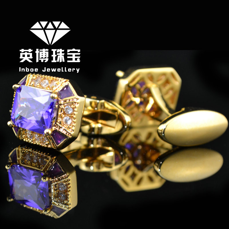 英博cufflinks14k金色锆石袖扣宝石法式衬衫袖口袖扣