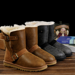 2016冬季新款加绒靴女士雪地靴平跟中筒靴子保暖圆头棉鞋正品平底