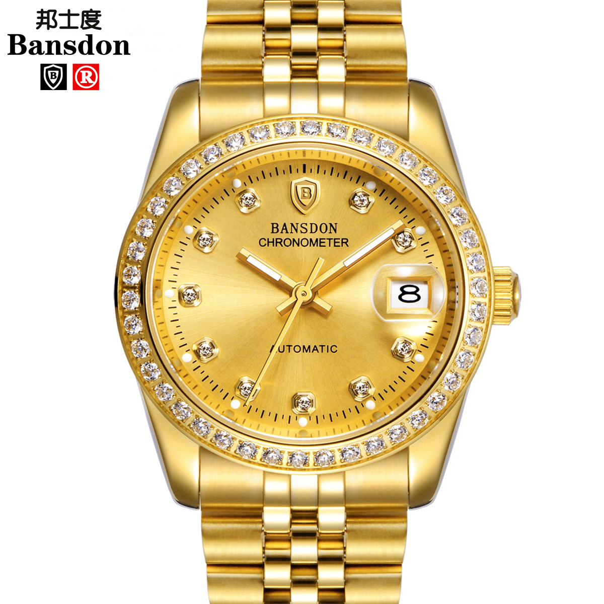 正品邦士度手表男士全自动机械表夜光防水精钢镂空金色金表男表