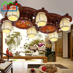 新中式古典长方形吸顶灯 实木陶瓷羊皮布罩灯具 高档客厅灯饰0015