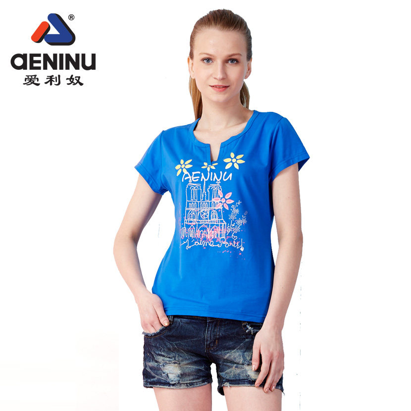 专柜 爱利奴夏季短袖t恤女韩范宽松半袖运动上衣夏天女装印花彩蓝