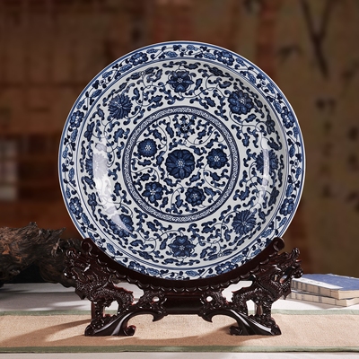 景德镇青花瓷盘传统手工手绘坐盘高档仿古赏盘青花瓷盘子家居摆件