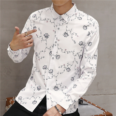 秋冬季新款长袖衬衫男 青少年韩版衬衣修身休闲商务印花白衬衫