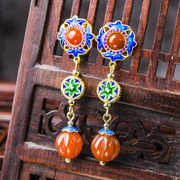 Thai ladies 925 Silver cloisonne temperament South natural red agate earrings enamel gold-plated Stud female