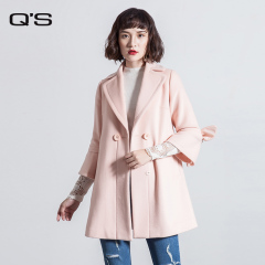 Q’S/秸熙女装2016冬装新品纯色翻领喇叭袖中长款呢料大衣JXA1R6