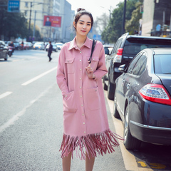 红赛2016秋季新款韩版时尚直筒中长款纯色流苏麂皮绒女式风衣外套