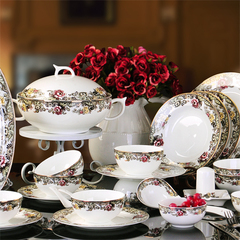 景德镇陶瓷器高档56头骨瓷餐具套装欧式英伦玫瑰碗碟套装结婚礼品
