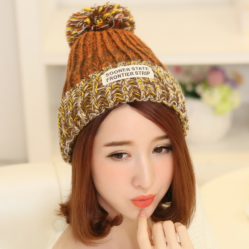 艾莱客 2016新款韩版冬季帽子女可爱保暖英文款潮针织混色毛线帽产品展示图3
