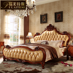 欧式床新古典深色家具1.8米手工雕花美式古典头层牛皮结婚双人床