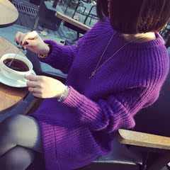 2016冬新款韩版气质宽松大毛衣纯色圆领中长款套头针织衫女毛衣裙