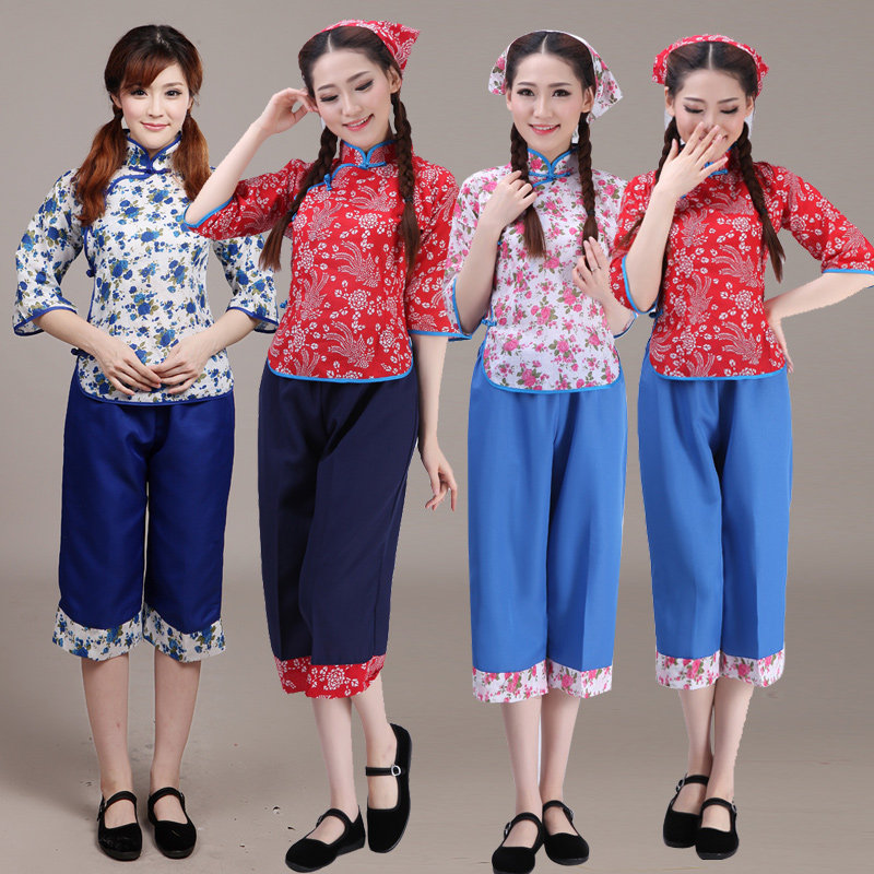 阿庆嫂演出服新款中老年秧歌服舞蹈采茶女村姑服装广场扇子舞套装