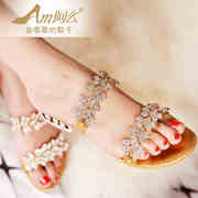 Luxurious rhinestone flower shoes suede Sheepskin with the Roman Word for electroplating with slippers