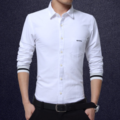 春秋男士薄款长袖衬衫白色商务职业修身长袖衬衣纯色休闲寸衫上衣