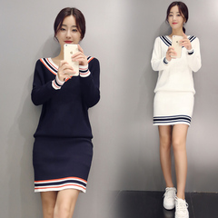 2016秋冬新款韩版套头针织毛衣显瘦套装 V领针织衫 半身裙