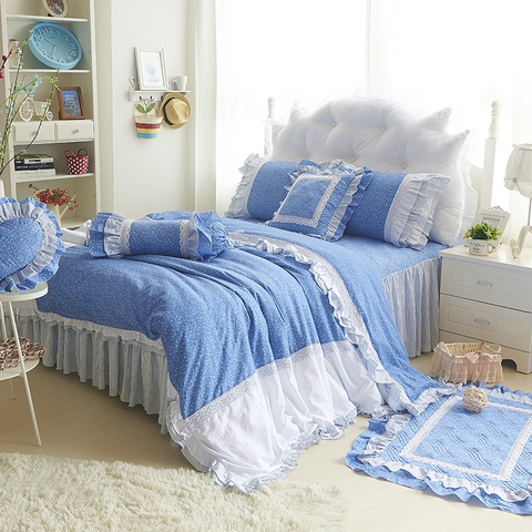 韩国公主床品 全棉蓝色小碎花 绗缝加棉床罩 欧式床裙清新四件套