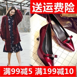 chanel woc酒紅 莎絲妮漫酒紅色正品2020春季尖頭高跟牛皮蝴蝶結漆皮歐美女鞋單鞋 chanel的woc