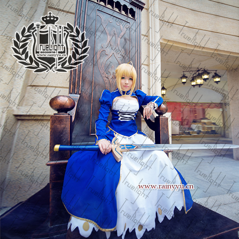 白夜之城Cosplay吾王saber战斗服FATE stay night初版蓝白色礼服