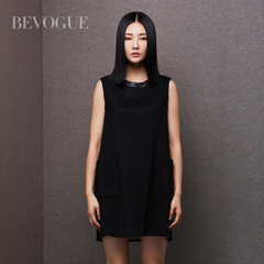 Bevogue/百薇2015秋款女装欧美进口提花圆领宽松气质背心连衣裙