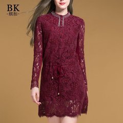 BK/缤扣蕾丝连衣裙中年女装2016秋装新款显瘦纯色针织长袖妈妈装
