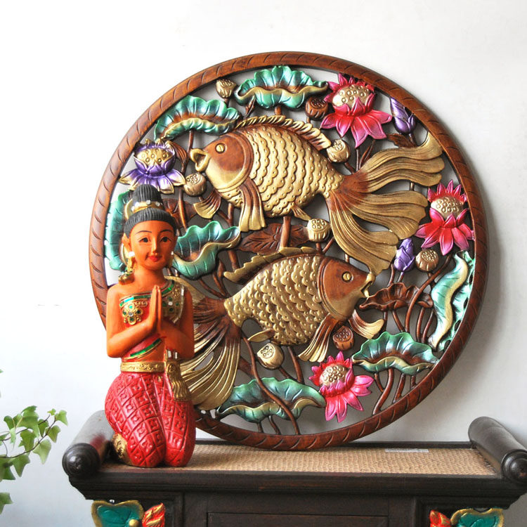 新品特惠异域风情彩绘双鱼戏荷花圆形木雕挂饰东南亚家居装饰玄关