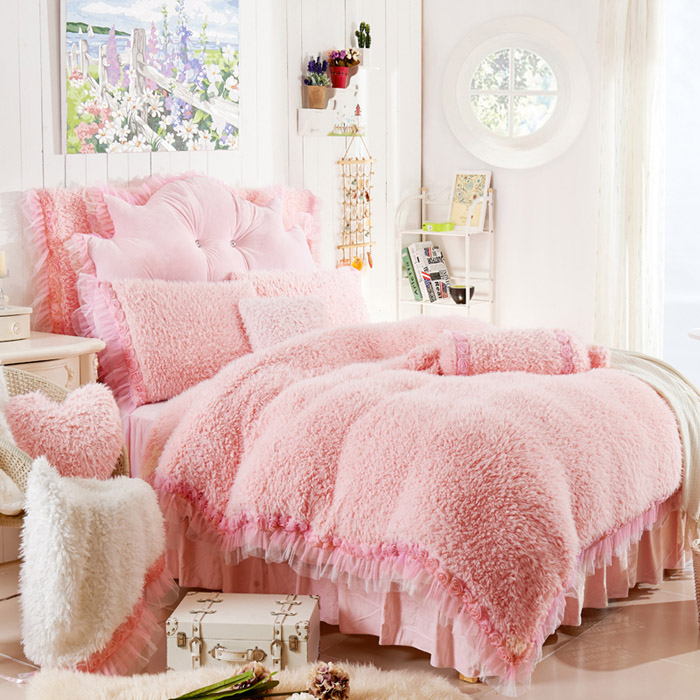 Cashmere Sherpa Plush thickening Coral Four piece suit Korean Edition Princess wind Quilt cover Countryside Bedclothesin the Bedclothes , Bedding Sets/Family of four/Multiple sets of category - from Buy2taobao.com to provide professional Taobao agent buy service