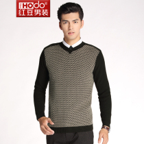Hodo/红豆男装秋男士针织衫时尚V领拼接毛衣毛衫优雅细腻柔软016b