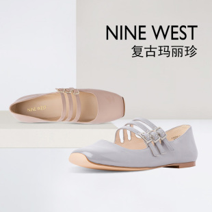 卡地亞滿天星三排鑽 NineWest玖熙2020春新款瑪麗珍單鞋三排搭扣方頭淺口平底休閑女鞋 卡地亞白