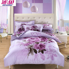 冰贝全棉独版花印花床上用品纯棉四件套 欧式床品紫色 温馨小清新