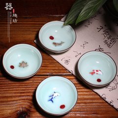 青瓷 浮雕 鱼杯 釉里红 手工 茶杯 陶瓷功夫茶具 品茗杯