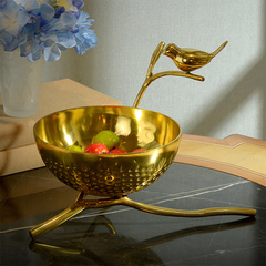 欧美奢华装饰家居客厅饰品摆件纯铜圆形糖果水果盘全铜小鸟工艺品