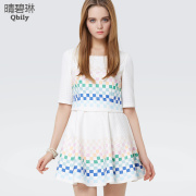 Linda 2015 spring new Qing bi ladies Korean ladies high waist skirt Plaid Jacquard dress dresses