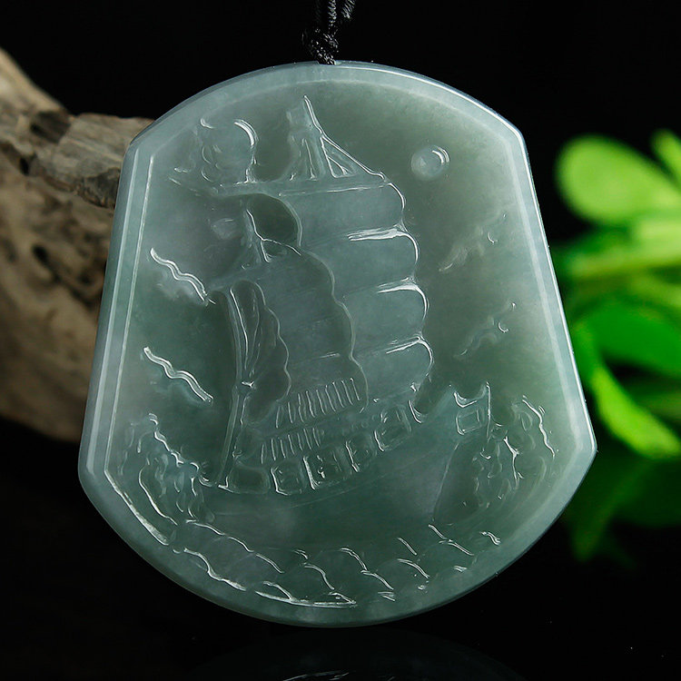 老坑a货冰种冰紫罗兰翡翠帆船吊坠 缅甸天然玉石一帆风顺玉坠