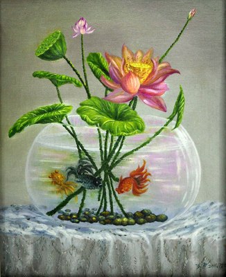 王飞《鱼缸》布面油画