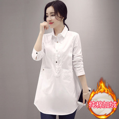 女装韩版秋冬季加绒加厚保暖纯棉女士衬衫白衬衣中长款长袖上衣