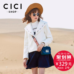 CICISHOP2016秋冬新款百搭大翻领绣花口袋短款毛呢外套女7586