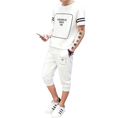 夏季新款韩版青少年修身休闲运动套装卫衣7七分裤套装男士T恤套装