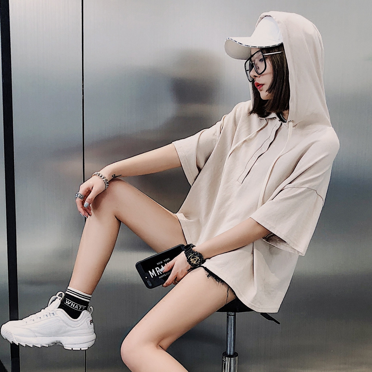 黛莎朵薄款短袖卫衣女连帽纯色宽松bf风2018夏季新款纯棉半袖上衣