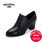 West fall 2015 new leather lounge with deep pointed chunky heels high heel shoes women shoes